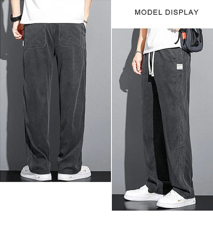 Summer Soft Lyocell Fabric Men's Jeans Thin Loose Straight Pants Drawstring Elastic Waist Korea Casual Trousers Plus Size M-5XL