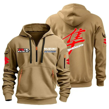 Men's Casual Street Outdoor Sports Motorcycle Hoodie Multi-Pocket Semi-Zipper Graphic Sweatshirt