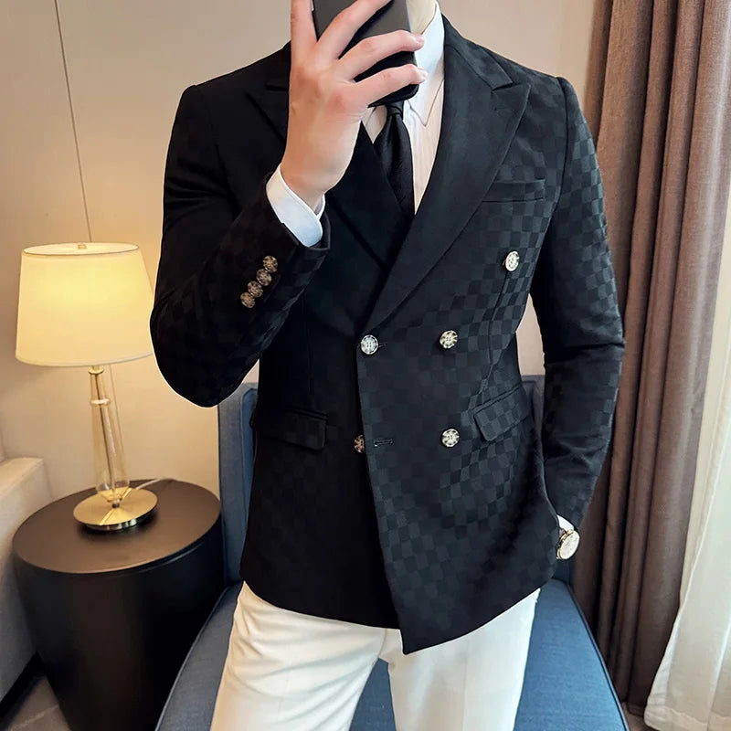 6 Color Luxury Double Breasted Blazers Coats 2024 New Fashion Checkered Business Slim Fit Social   Formal Suit Jacket 5XL-M