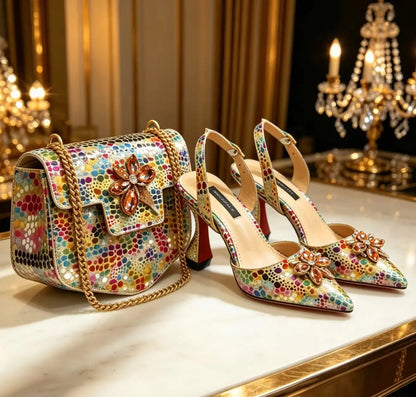 Elegant Rhinestone Heels & Matching Bag Set, Colorful Print Pointed Toe Block Heels for Banquet Club Night
