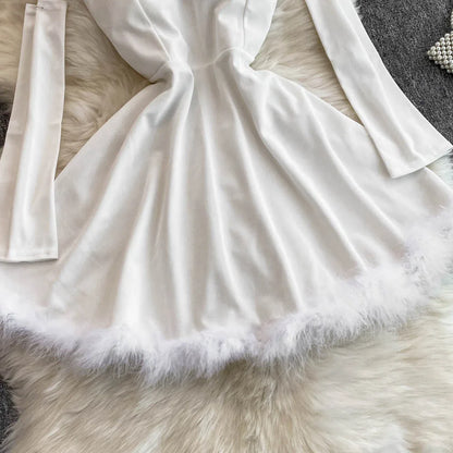 Women's Christmas Dress Sexy Low-cut Waist Thin Big Pendulum Fluffy Splicing Suspender Tube Ling Dress Red