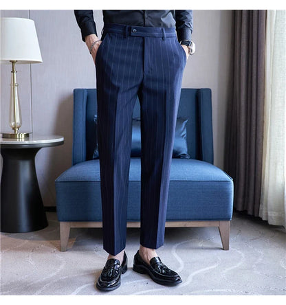 Autumn New Fashion Stripe Men's Suit Pants High Quality Straight Long Classic Business Elegant Slim Fit Casual Trousers 38-29