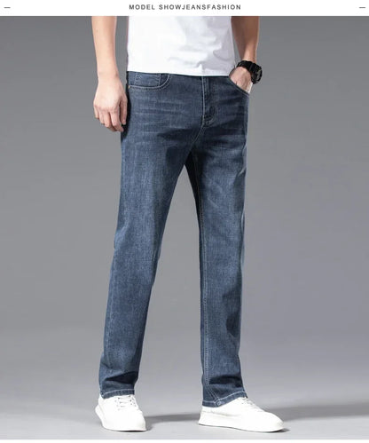 2024 Men's New Autumn Straight Casual Jeans Light Blue Classic Breathable Comfortable No Ironing Stretch Denim Trousers Male