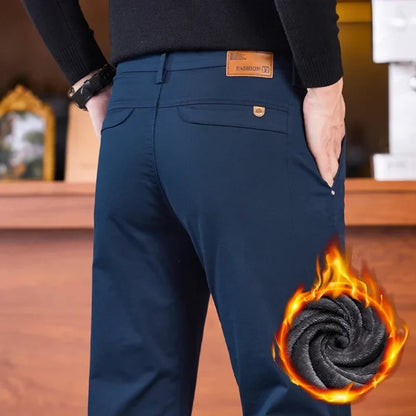 2025 Winter Fleece Pants Men's Pocket Fashion Thickened Cotton Stretch Comfort Plush Straight Business Pants Male