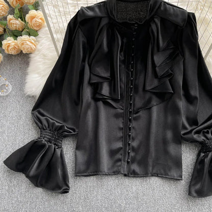 High Quality Satin Loose Shirt Long Flared Sleeves Ruffles O Neck Beading  Women Gentle Office Lady Casual Blouse