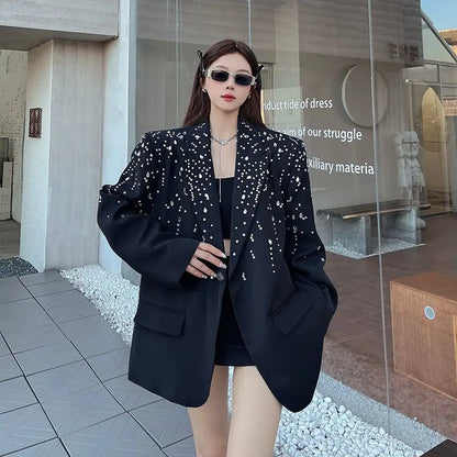 High-Quality Hot Diamond Black Blazer Women's Neutral Spring And Autumn New Design V ersatile Long-Sleeved Shoulder Padded Suit