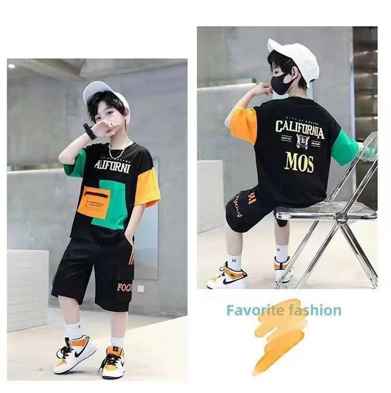 Summer Boys Clothes Sets Teenager Casual Outfits Kids Print T-shirt +Shorts 2Pcs Children Short Sleeve Tracksuit Suits 5-12 Year