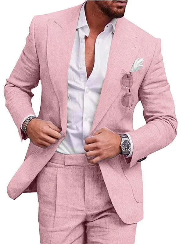 Linen Causal Men Suits for Beach Party Solid Color Business Two Pieces Wedding Tuxedo Set Peak Lapel Suit Jacket with Pants