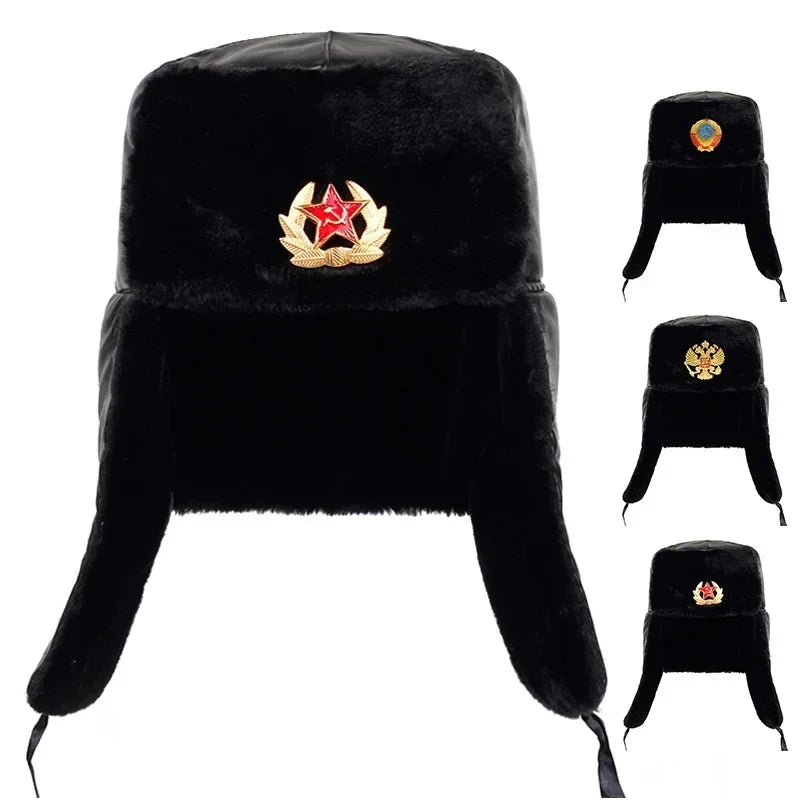 Soviet Army Military Badge Russia Ushanka Bomber Hats Pilot Trapper Trooper Hat Winter Faux Rabbit Fur Earflap Men Snow Caps