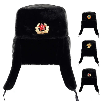 Soviet Army Military Badge Russia Ushanka Bomber Hats Pilot Trapper Trooper Hat Winter Faux Rabbit Fur Earflap Men Snow Caps