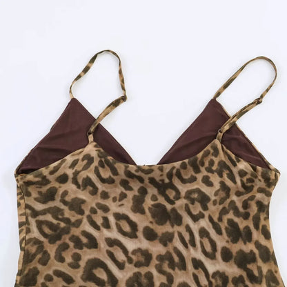 Ladies Sexy Summer Dress Women Vintage Leopard Print Sling Dress Party Suspender Sleeveless Backless Slimming Maxi Dress Female