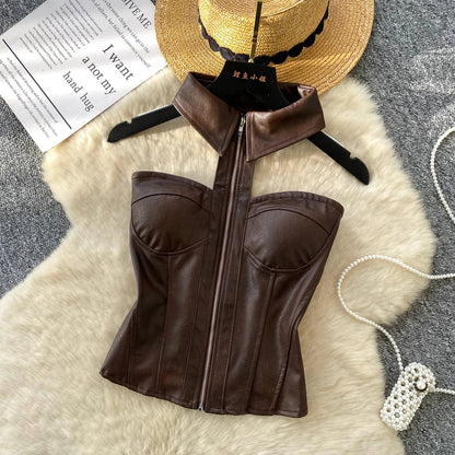 PU Leather Halter Camis Female Zipper Night Club Spicy Girl Tops Off Shoulder American Retro Sensual Bodycon Corset