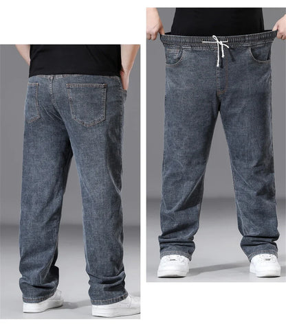 8XL Plus Size Jeans Men Solid Color Denim Pants Male Fashion Casual Baggy Jeans Elastic Waist Straight Pants
