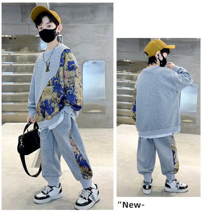 Boys Cotton Cartoon Print Patchwork Workout Sweatshirt+Sweatpant Sets Children 2PCS Tracksuit School Kids Jogging Outfits 5-16Yr