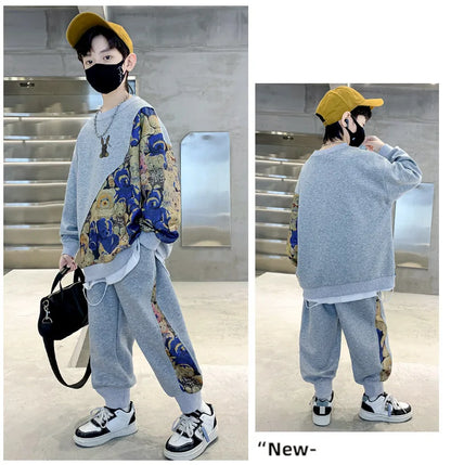 Boys Cotton Cartoon Print Patchwork Workout Sweatshirt+Sweatpant Sets Children 2PCS Tracksuit School Kids Jogging Outfits 5-16Yr