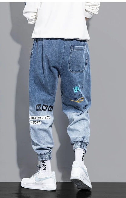 Printing Jeans Men's Gradient Hip Hop Trousers Harem Cartoon Loose Casual Ankle Banded Pants Cargo Denim Jeans Fashion