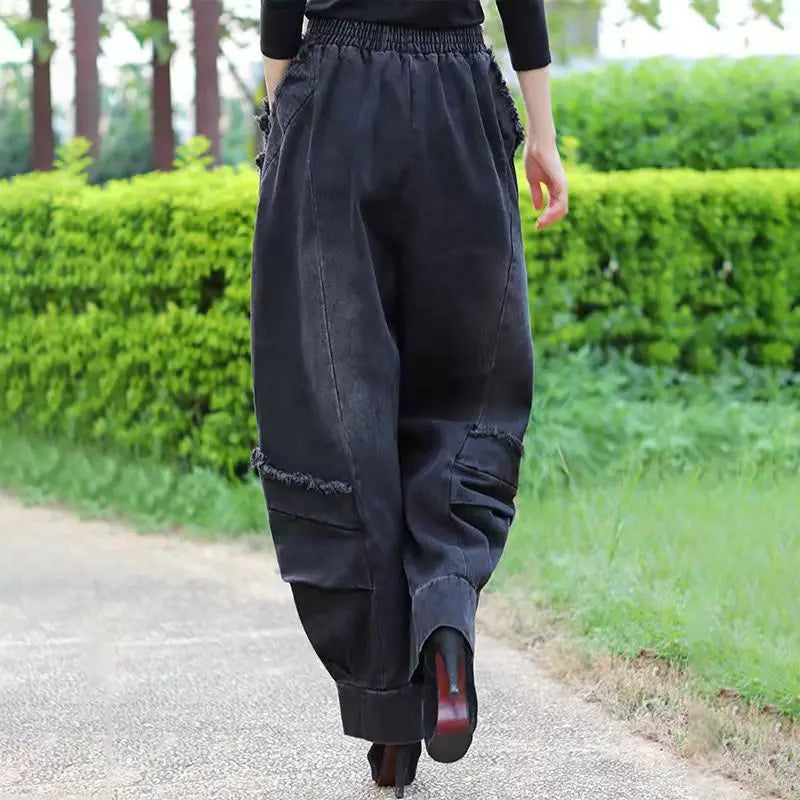 Black Wide-leg Jeans Harlan Pants Loose Fashion Casual Full Length High Waist Patchwork Print Pocket Jeans Women Clothes Spring