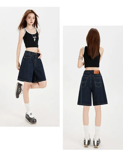 Women's High Waist Wide Leg  Y2K American Retro Washed Five-Point Denim Shorts Summer Loose Slim Straight Cut Mid-Length Pants