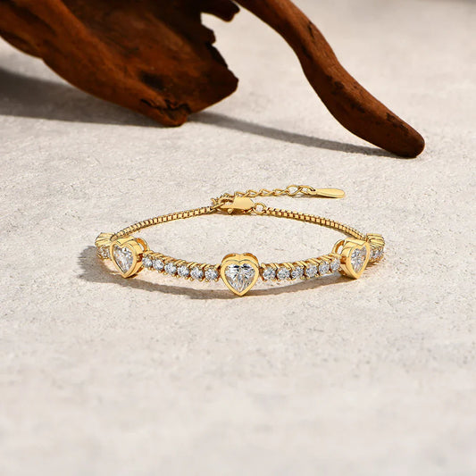 Bracelet Femme en Moissanite en Forme de Cœur, Argent Sterling 925, Chaîne de Tennis Réglable, Plaqué Or, Bijoux Fins Tendance