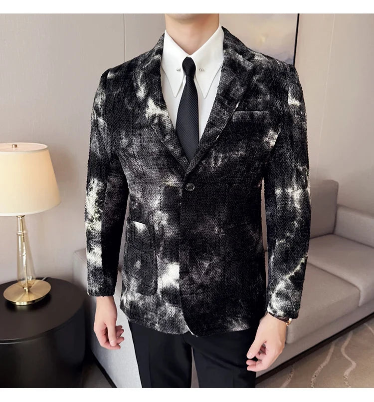 High QualityTie Dye Chenille Men Fashion Casual Suit Jacket Autumn Winter New Korean Slim Fit Social Wedding Suit Blazer