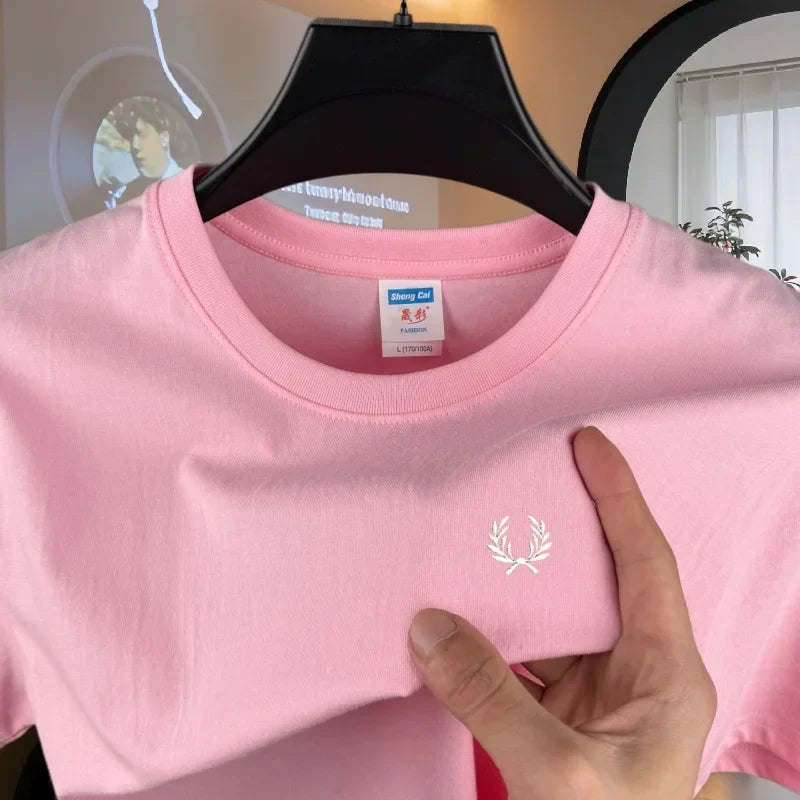 100% pure cotton high-end brand men's round neck short sleeved top summer fashion luxury wheat embroidery design casual T-shirt