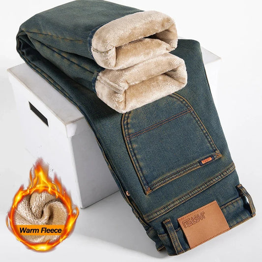 High Quality Winter Jeans Men's Warm Fleece Thickened Elastic Denim Pants Fashion Straight Elastic Retro Plush Velvet Pants