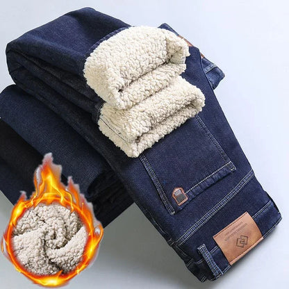 Winter Warm Fleece Jeans Men 2023 Straight Stretch Thick Casual Thermal Denim Pants Male Business Work Trousers New Men Clothing
