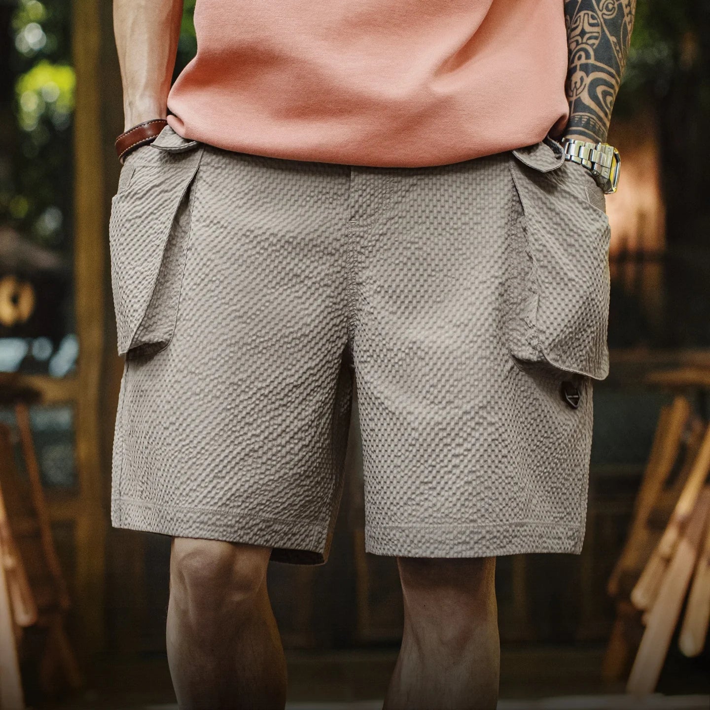 Men's Lightweight Seersucker Five Inch Shorts American Retro Mountain Style Techwear Thin Casual Summer Men Bottoms