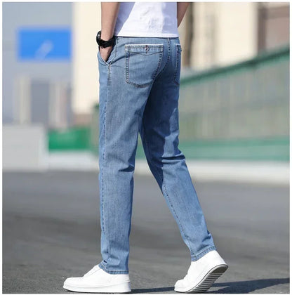 2025 Summer New Men's Loose Gray Jeans Fashion Casual Stretch Straight-leg Denim Pants Male Light Blue Men's Trousers
