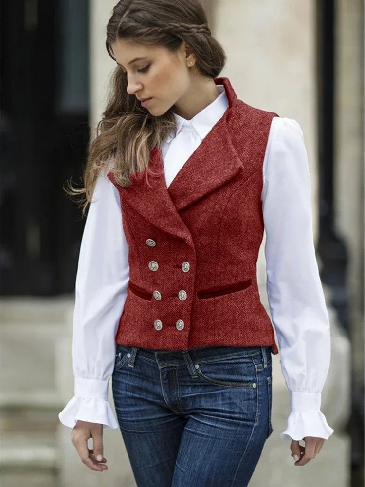 Women Vest Gray Fashion Vintage Herringbone Double Breasted Slim Fit Sleeveless Jacket Suits Profession Casual Work Vest Women
