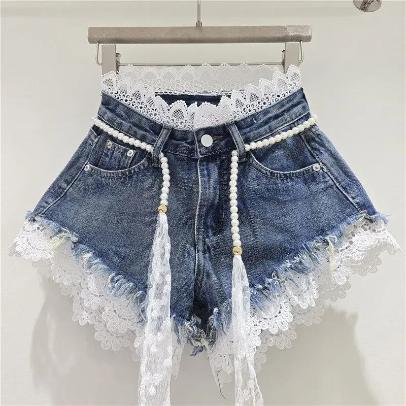 2026 Summer Denim Shorts New Splicing Hook Flower Lace Lace with Waist Rope Tassel Denim Shorts Women's Hot Pants Trend