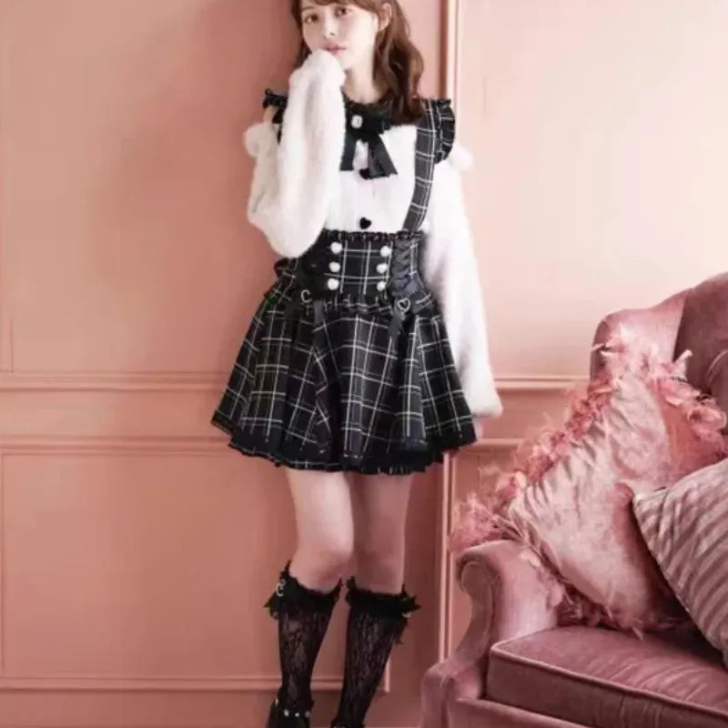 Japanese Gothic Lolita Ribbon Short Suspender plaid Skirt Girls Sweet Cute Lace A-Line Mini Skirts summer2026 black solid kawaii