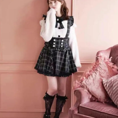 Japanese Gothic Lolita Ribbon Short Suspender plaid Skirt Girls Sweet Cute Lace A-Line Mini Skirts summer2026 black solid kawaii