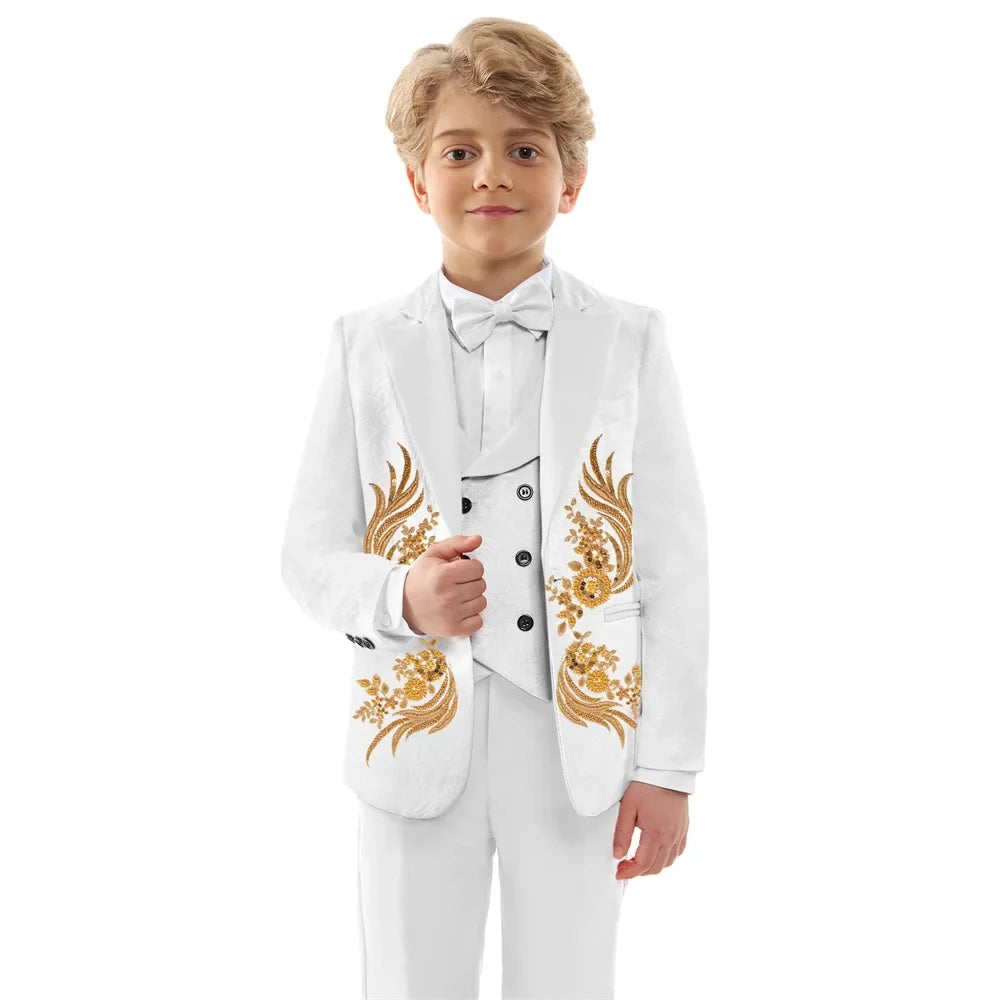 Luxurious Beaded Appliques Suit Set 4 Pieces For Boys Jacquard Kids Suits Performance Costumes Handsome Party Tuxedo