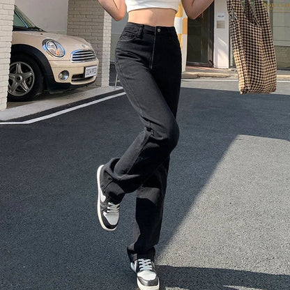 Woman Korean High Waist Streetwear Straight Leg Jeans Girls Y2k Clothes Pants Female Fashion Black Baggy Harajuku Denim Trousers