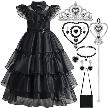 2026 Halloween Festival Popular Black Dress Girls Cosplay Short Sleeve Ruffles Clothing With Belt + Accessories Set Gift