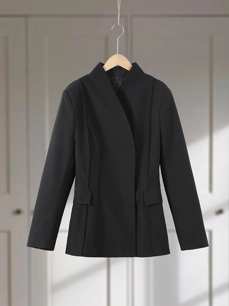 Elegant Women's Black Blazer Coat Long Sleeve Stand Collar Buckle Thick Jacket Female 2026 Spring Autumn Lady Commute Outwear