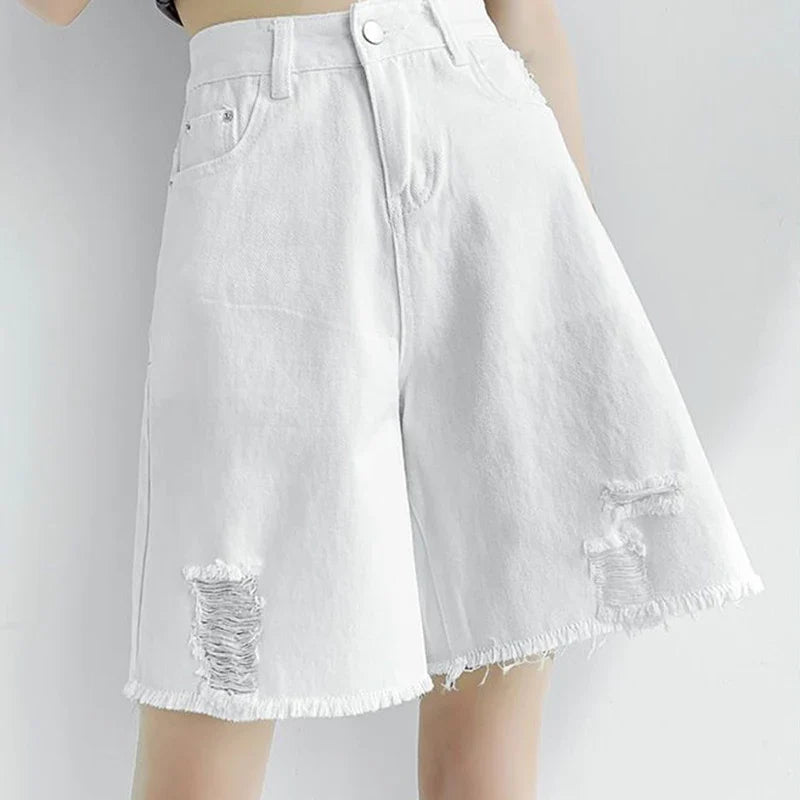 Women Tassels Denim Shorts Korean Fashion Letter Embroidery Wide Leg Shorts Casual Streetwear High Waist Female Shorts
