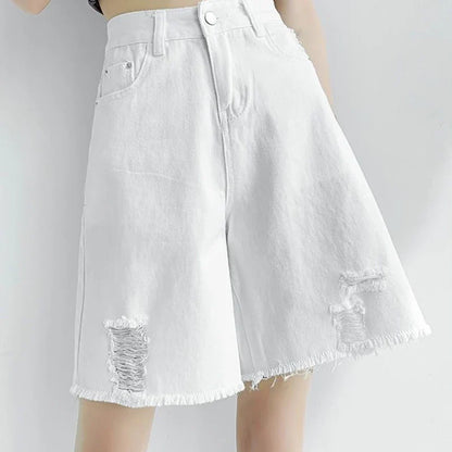 Women Tassels Denim Shorts Korean Fashion Letter Embroidery Wide Leg Shorts Casual Streetwear High Waist Female Shorts