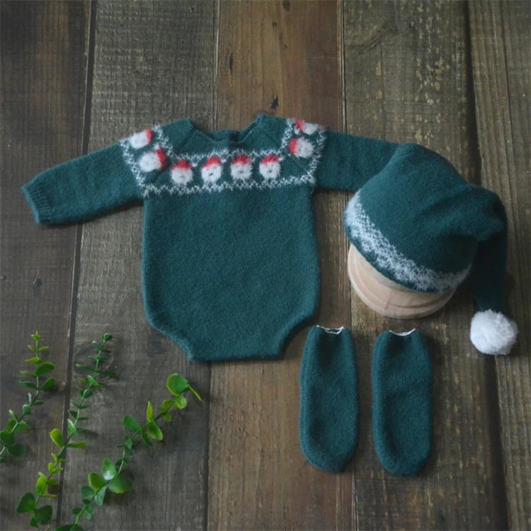 Christmas Baby Clothing Newborn Boy Girl Photography Santa Claus Costumes Sets Green Knitted Romper Stockings Hat 3pcs for Xmas