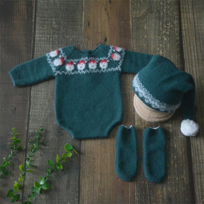 Christmas Baby Clothing Newborn Boy Girl Photography Santa Claus Costumes Sets Green Knitted Romper Stockings Hat 3pcs for Xmas