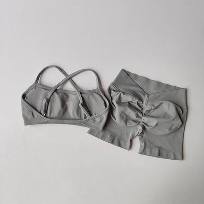 New Women's Seamless Workout Sets Thin Strap Back Sports Bra & 3-Inch Shorts, Quick Dry Gym Yoga Outfits
