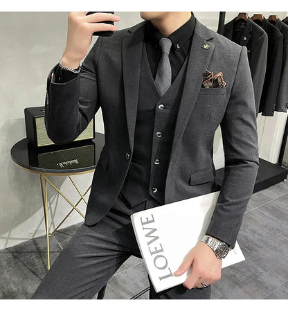 Blazer Vest Pants Men's Navy Blue Suit Set Slim Fit Blazer Vest Pants Formal Outfit for Business Wedding Office Groom Party
