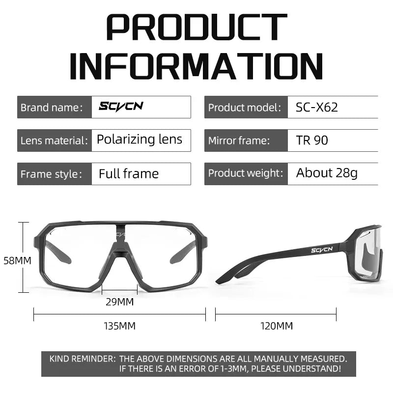 Scvcn New Men's UV400 Photochromic Cycling Sunglasses Women Sports Running Eyewear for Men Glasses Road Bike Bicycle Goggles