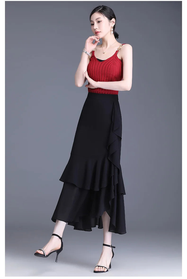 Fashion Irregular Fishtail Chiffon Skirts Elegant High Waist Summer Luxury Party Skirt Female Ruffles Long Skirts