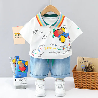 New Summer Suits for Baby Cartoon Print Kids Short Sleeve Letter Polo Shirts +denim Shorts Toddler Boy Casual Clothing Outfits