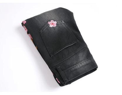 Men Sakura Embroidery Denim Jeans Streetwear Boot Cut Pants Released Hem Flared Trousers with Ripped And Cherry Blossom Design