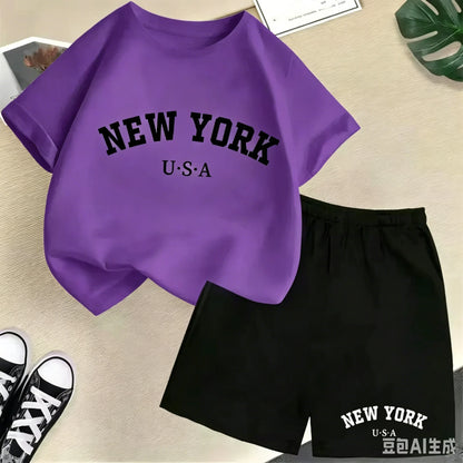 2026 New Kids Boys Girls New York Letter Pattern Cotton T-shirt+Shorts 2-Piece Set Casual Daily