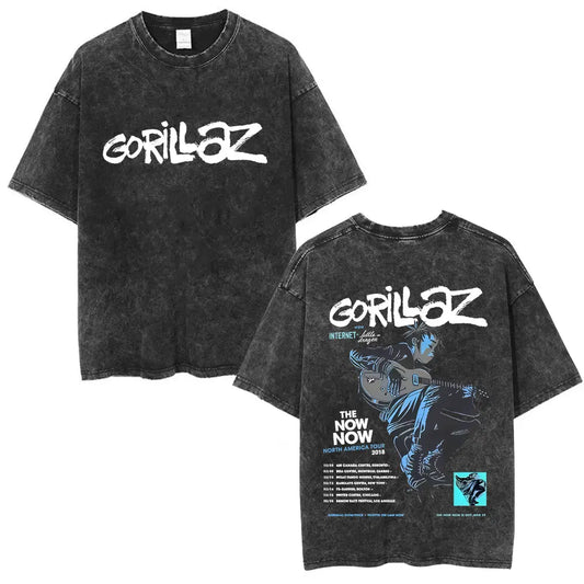 Washed Vintage Rock Band Gorillaz The Now Now Album Graphic T-shirts Men Women Clothing Hip Hop Punk Oversized Crewneck T Shirts