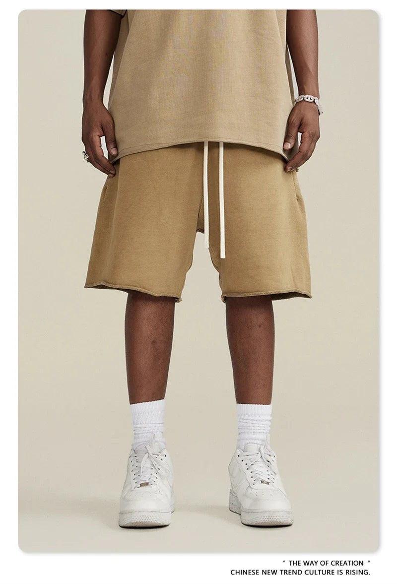 New Summer Men Retro Washed Shorts Unisex Drawstring Loose Edge 420gsm Solid Knee Length Cotton Pants Streetwears HY0589